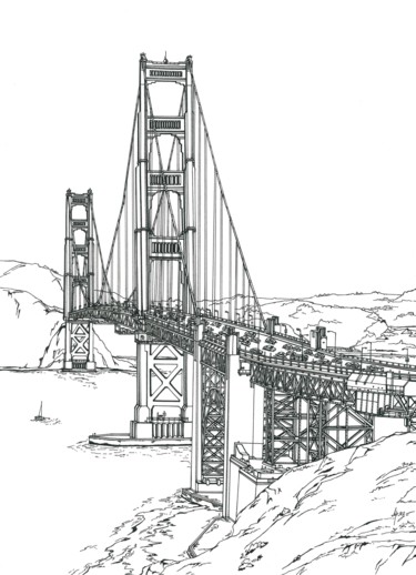 Tekening getiteld "Golden Gate Bridge" door Lera Ryazanceva, Origineel Kunstwerk, Inkt