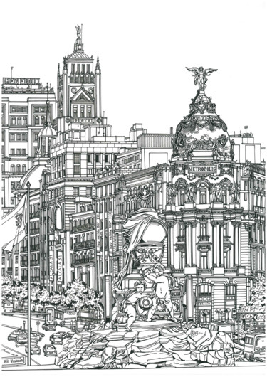 Dessin intitulée "Madrid Spain" par Lera Ryazanceva, Œuvre d'art originale, Encre