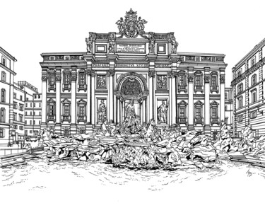 Drawing titled "Rome Trevi Fountain" by Lera Ryazanceva, Original Artwork, Ink