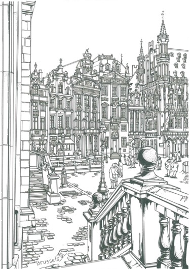 Disegno intitolato "Brussels Grand Place" da Lera Ryazanceva, Opera d'arte originale, Inchiostro