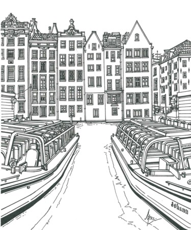 Rysunek zatytułowany „Amsterdam Canal” autorstwa Lera Ryazanceva, Oryginalna praca, Atrament
