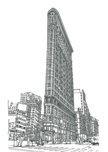 Tekening getiteld "Flat Iron Building" door Lera Ryazanceva, Origineel Kunstwerk, Inkt