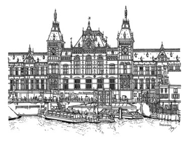 Drawing titled "Amsterdam Central" by Lera Ryazanceva, Original Artwork, Ink