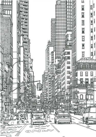 Drawing titled "New York traffic" by Lera Ryazanceva, Original Artwork, Ink