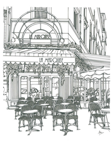 Desenho intitulada "Cafe in Paris "La M…" por Lera Ryazanceva, Obras de arte originais, Tinta