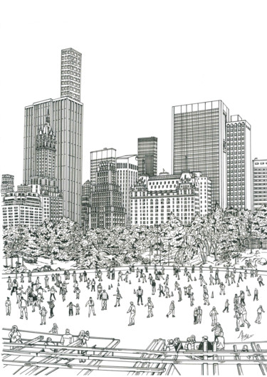 Disegno intitolato "Central Park New Yo…" da Lera Ryazanceva, Opera d'arte originale, Inchiostro