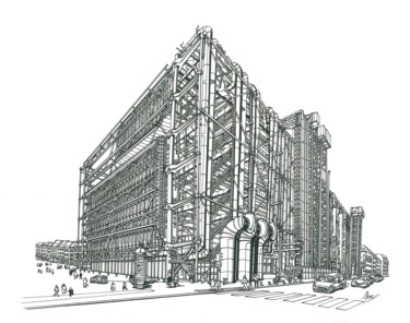 Dessin intitulée "The Centre Pompidou" par Lera Ryazanceva, Œuvre d'art originale, Encre