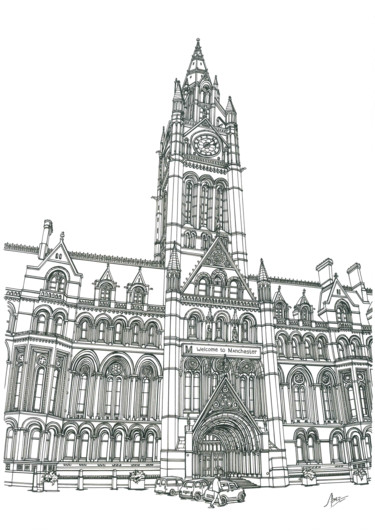 Drawing titled "Manchester Town Hall" by Lera Ryazanceva, Original Artwork, Ink