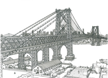Dessin intitulée "Williamsburg Bridge" par Lera Ryazanceva, Œuvre d'art originale, Encre