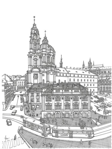 Dessin intitulée "Prague Tiles" par Lera Ryazanceva, Œuvre d'art originale, Encre