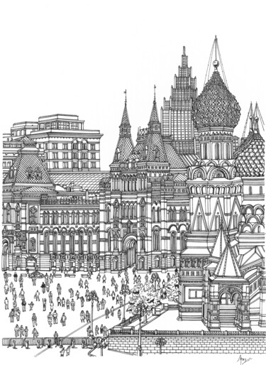 Drawing titled "Moscow Red Square" by Lera Ryazanceva, Original Artwork, Ink
