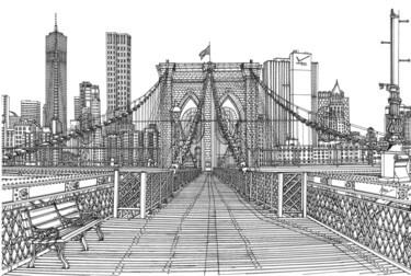 Dessin intitulée "Brooklyn Bridge" par Lera Ryazanceva, Œuvre d'art originale, Stylo gel