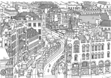 Desenho intitulada "Amsterdam Tram" por Lera Ryazanceva, Obras de arte originais, Caneta de gel