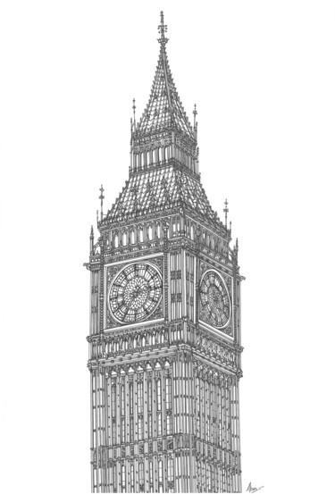 Drawing titled "Big Ben" by Lera Ryazanceva, Original Artwork, Gel pen