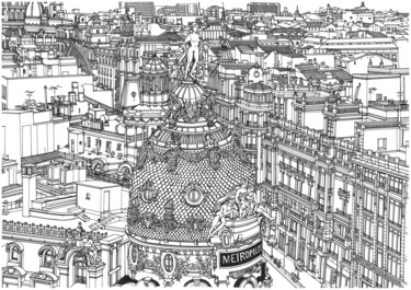 Drawing titled "Madrid Metropolis" by Lera Ryazanceva, Original Artwork, Ink