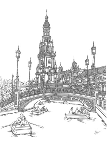 Dessin intitulée "Seville Spain" par Lera Ryazanceva, Œuvre d'art originale, Encre