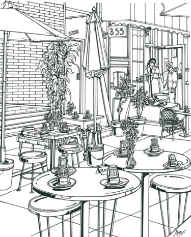 Dessin intitulée "New York Cafe" par Lera Ryazanceva, Œuvre d'art originale, Encre