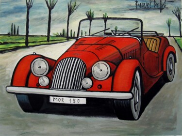 Painting titled "Vintage Car 101" by Lermay Chang, Original Artwork, Oil Mounted on Wood Stretcher frame