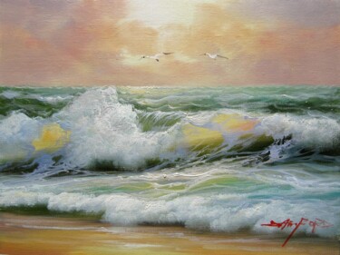 Картина под названием "Seawave 016" - Lermay Chang, Подлинное произведение искусства, Масло Установлен на Деревянная рама дл…