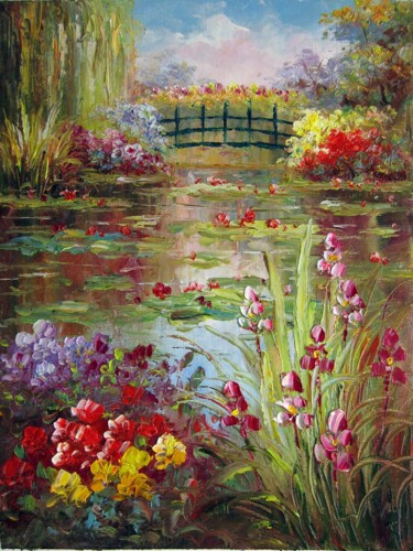Painting titled "Waterlily garden #3…" by Lermay Chang, Original Artwork, Oil Mounted on Wood Stretcher frame