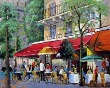 Painting titled "Coffee shop #204" by Lermay Chang, Original Artwork, Oil Mounted on Wood Stretcher frame