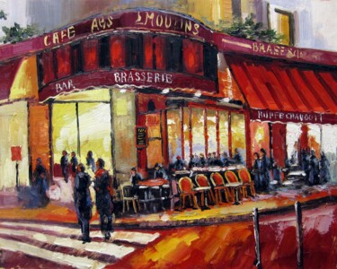 Painting titled "Coffee shop #203" by Lermay Chang, Original Artwork, Oil Mounted on Wood Stretcher frame