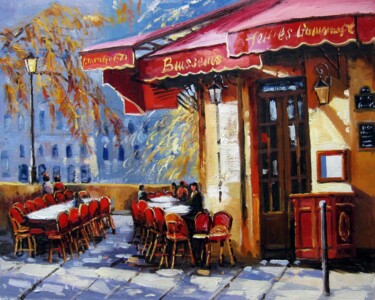 Painting titled "Coffee shop #202" by Lermay Chang, Original Artwork, Oil Mounted on Wood Stretcher frame