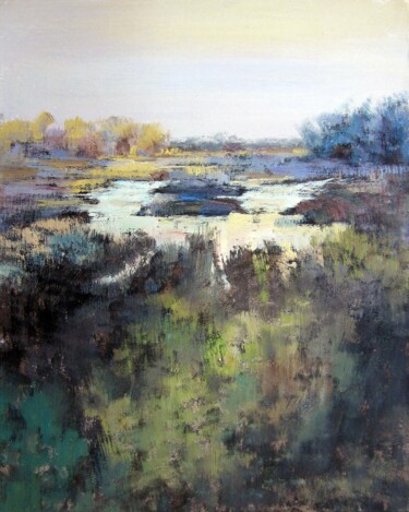 Painting titled "Country water #001" by Lermay Chang, Original Artwork, Oil Mounted on Wood Stretcher frame