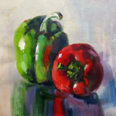 Painting titled "Bell pepper 001" by Lermay Chang, Original Artwork, Oil Mounted on Wood Stretcher frame