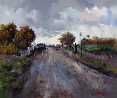 Painting titled "Country Road #001" by Lermay Chang, Original Artwork, Oil Mounted on Wood Stretcher frame
