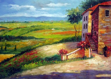 Pintura intitulada "Country house #001" por Lermay Chang, Obras de arte originais, Óleo Montado em Armação em madeira
