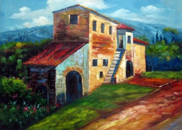 Painting titled "Country house #004" by Lermay Chang, Original Artwork, Oil Mounted on Wood Stretcher frame