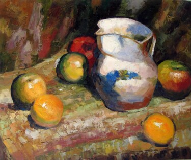 Painting titled "Fruit and china 109" by Lermay Chang, Original Artwork, Oil Mounted on Wood Stretcher frame