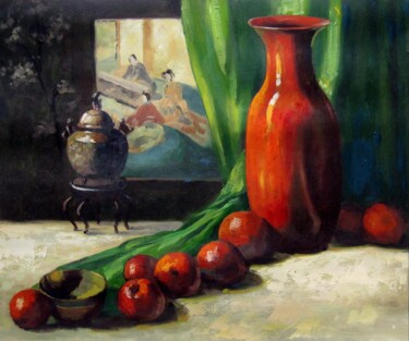 Painting titled "Fruit and china 110" by Lermay Chang, Original Artwork, Oil Mounted on Wood Stretcher frame