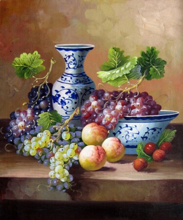Painting titled "Fruit and china 101" by Lermay Chang, Original Artwork, Oil Mounted on Wood Stretcher frame