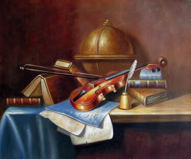 Painting titled "Violin 004" by Lermay Chang, Original Artwork, Oil Mounted on Wood Stretcher frame