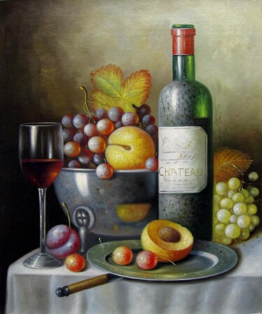 Painting titled "Fruit and wine 101" by Lermay Chang, Original Artwork, Oil Mounted on Wood Stretcher frame