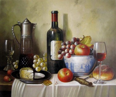 Painting titled "Fruit and wine 102" by Lermay Chang, Original Artwork, Oil Mounted on Wood Stretcher frame
