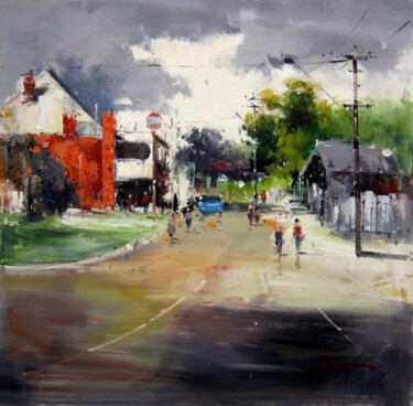 Schilderij getiteld "Street Scene #001" door Lermay Chang, Origineel Kunstwerk, Olie