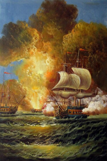 Painting titled "Naval battle 105" by Lermay Chang, Original Artwork, Oil Mounted on Wood Stretcher frame