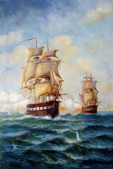 Painting titled "Naval battle 107" by Lermay Chang, Original Artwork, Oil Mounted on Wood Stretcher frame