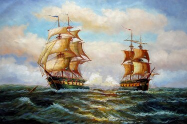 Painting titled "Naval battle 112" by Lermay Chang, Original Artwork, Oil Mounted on Wood Stretcher frame
