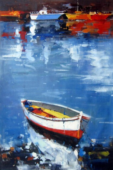 Painting titled "Boat #202" by Lermay Chang, Original Artwork, Oil Mounted on Wood Stretcher frame