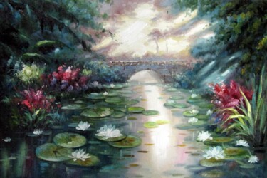 Painting titled "Waterlily #110" by Lermay Chang, Original Artwork, Oil Mounted on Wood Stretcher frame