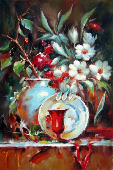 Painting titled "Flower china 001" by Lermay Chang, Original Artwork, Oil Mounted on Wood Stretcher frame