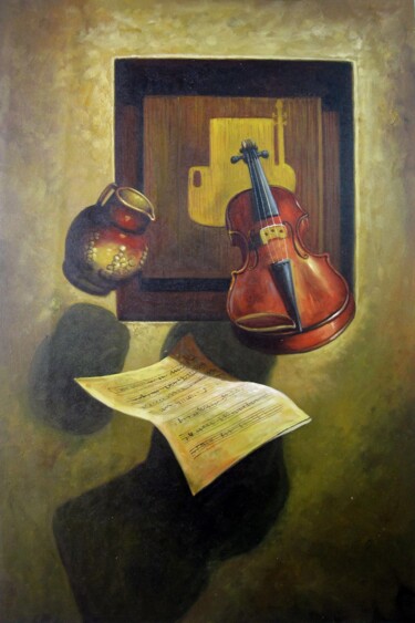 Painting titled "Violin 001" by Lermay Chang, Original Artwork, Oil Mounted on Wood Stretcher frame