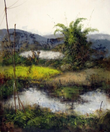 Painting titled "Waterside #301" by Lermay Chang, Original Artwork, Oil Mounted on Wood Stretcher frame