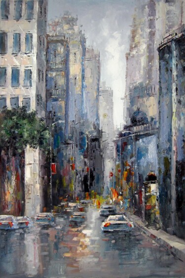 Painting titled "Street #129" by Lermay Chang, Original Artwork, Oil Mounted on Wood Stretcher frame