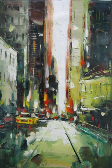Painting titled "Time Square #005" by Lermay Chang, Original Artwork, Oil Mounted on Wood Stretcher frame