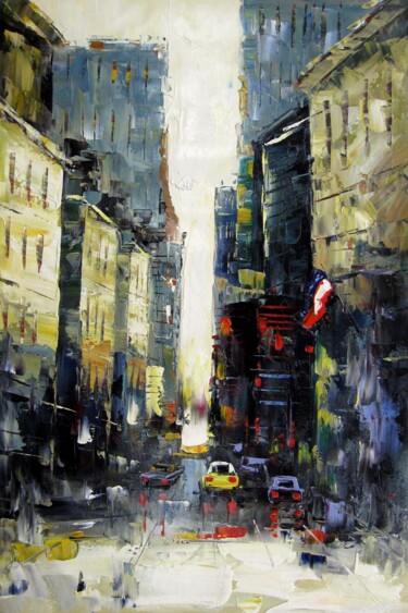Painting titled "Time Square #010" by Lermay Chang, Original Artwork, Oil Mounted on Wood Stretcher frame